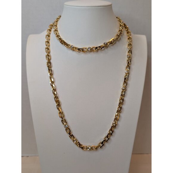 Gold Plated Chain Necklace W/ Glass Rhinestones & Coordinating Clip Earrings Set - Picture 7 of 12